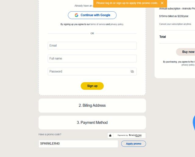 Animoto checkout page showing Animoto promo code box | Screenshot taken by SimplyCodes community member on Jul 31, 2025