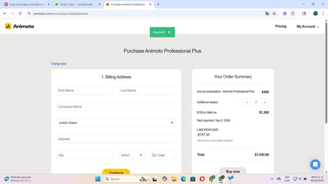 Animoto checkout page showing Animoto promo code box | Screenshot taken by SimplyCodes community member on Sep 7, 2025