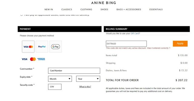 Anine Bing checkout page showing Anine Bing discount code box | Screenshot taken by SimplyCodes community member on Aug 4, 2024