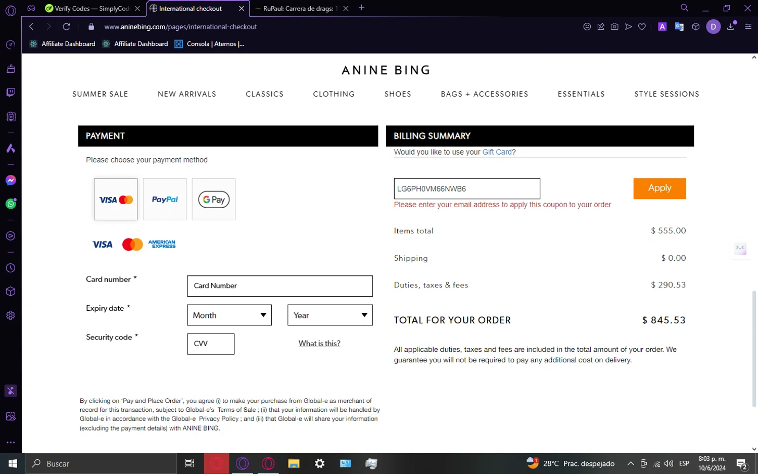where to use ANINE BING promo code box