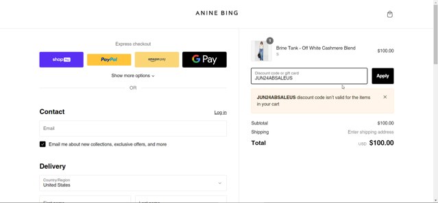 Anine Bing checkout page showing Anine Bing discount code box | Screenshot taken by SimplyCodes community member on Aug 19, 2024
