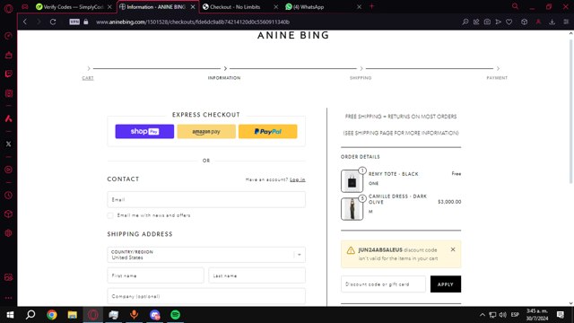 Anine Bing checkout page showing Anine Bing discount code box | Screenshot taken by SimplyCodes community member on Jul 30, 2024