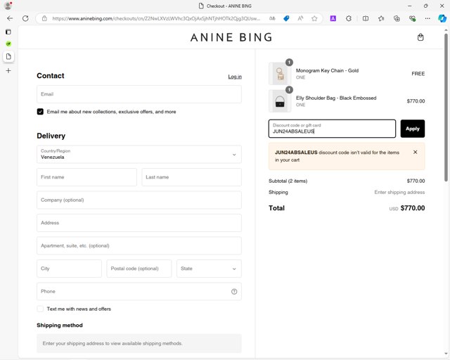 Anine Bing checkout page showing Anine Bing discount code box | Screenshot taken by SimplyCodes community member on Sep 25, 2024