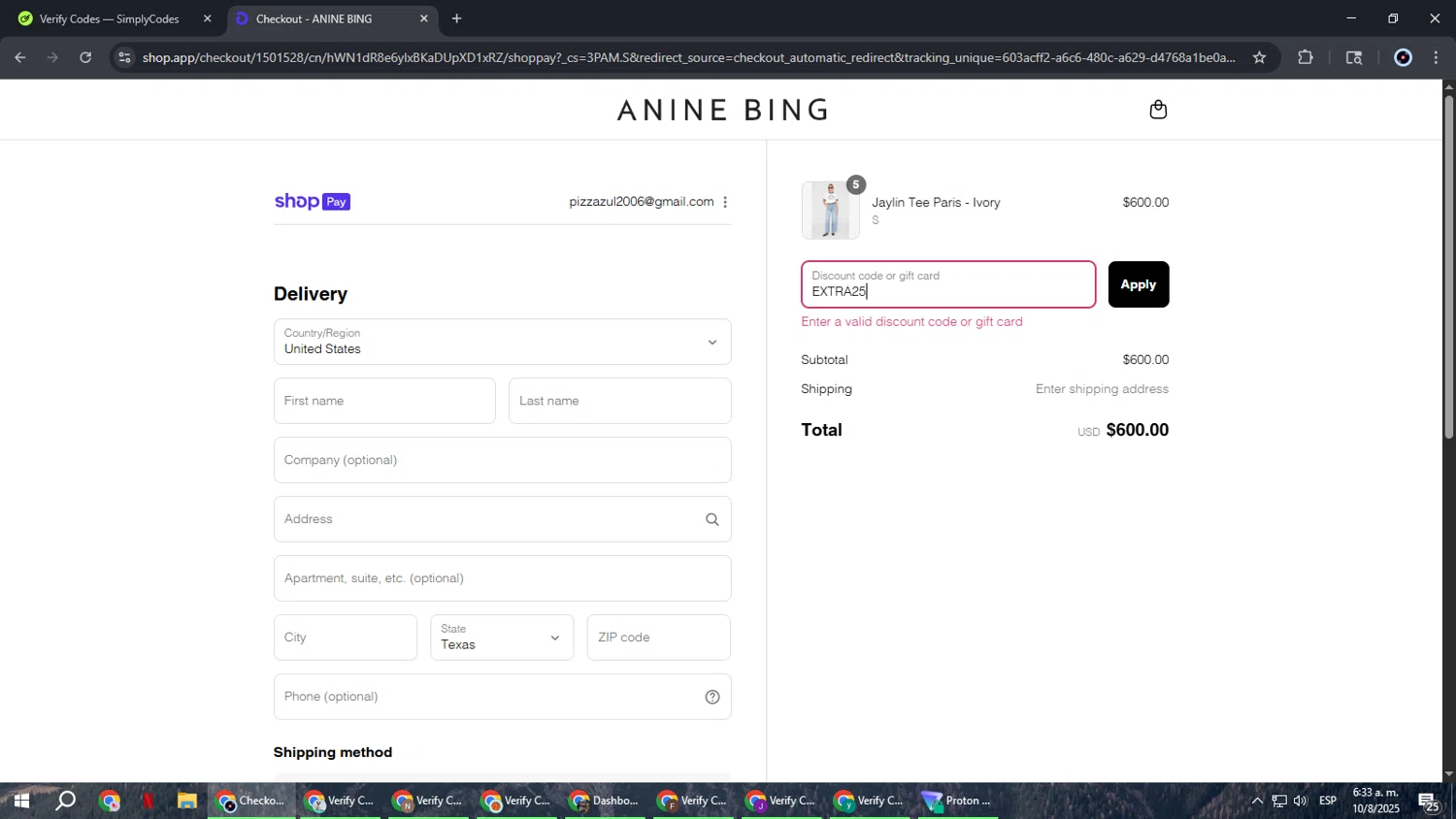 Anine Bing discount code screenshot showing code EXTRA25 applied at Anine Bing checkout page. Uploaded by SimplyCodes community member RoyalBoss4384 on Aug 10, 2025