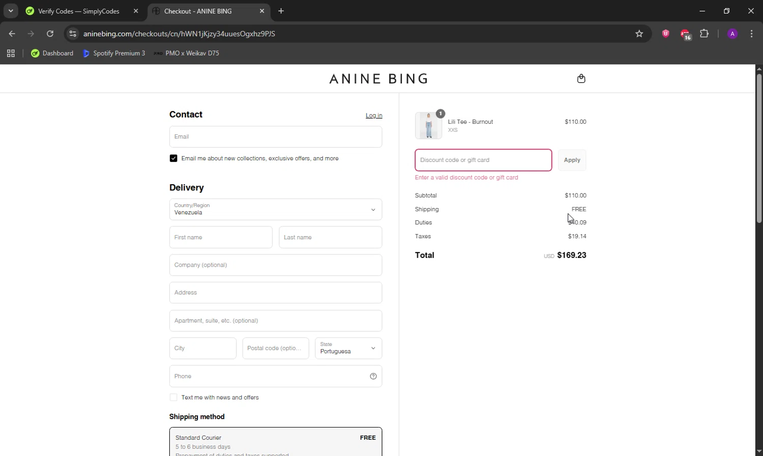 Anine Bing discount code screenshot showing code SUMMER20 applied at Anine Bing checkout page. Uploaded by SimplyCodes community member DeathBone on Aug 12, 2025