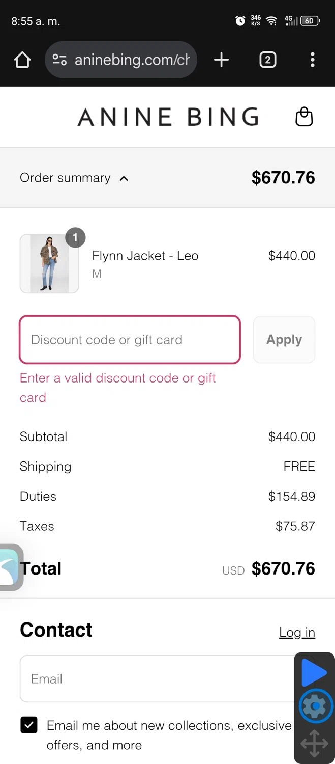 Anine Bing discount code screenshot showing code SUMMER20 applied at Anine Bing checkout page. Uploaded by SimplyCodes community member Usuario_simply on Aug 10, 2025