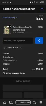 THANKYOU10 coupon verification screenshot