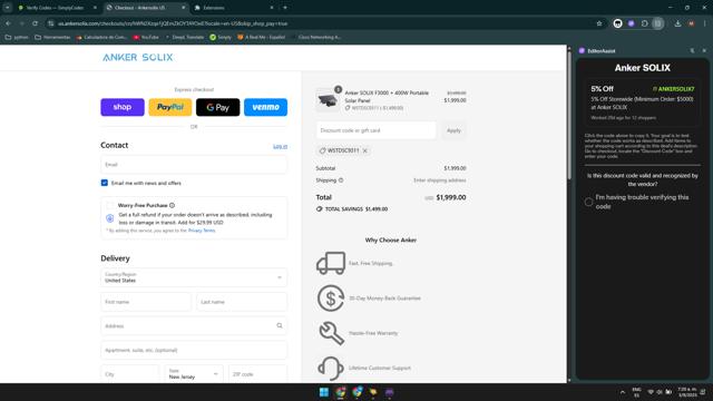 Anker SOLIX checkout page showing Anker SOLIX promo code box | Screenshot taken by SimplyCodes community member on Sep 3, 2025