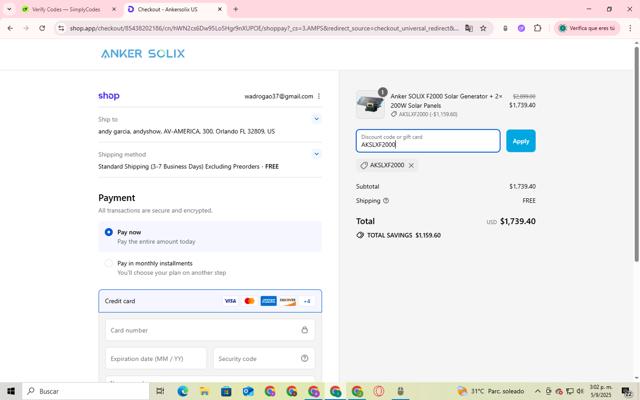 Anker SOLIX checkout page showing Anker SOLIX promo code box | Screenshot taken by SimplyCodes community member on Sep 5, 2025