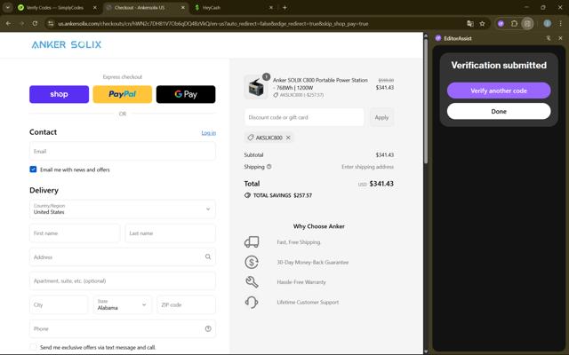 Anker SOLIX checkout page showing Anker SOLIX promo code box | Screenshot taken by SimplyCodes community member on Sep 5, 2025