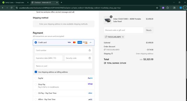 Anker SOLIX checkout page showing Anker SOLIX promo code box | Screenshot taken by SimplyCodes community member on Sep 8, 2025