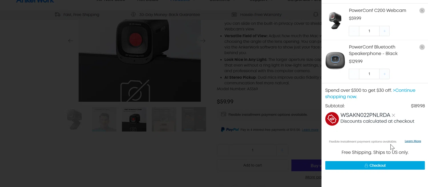 AnkerWork promo code screenshot showing code WSAKN022PNLRDA applied at AnkerWork checkout page. Uploaded by SimplyCodes community member jenifer on Dec 22, 2025