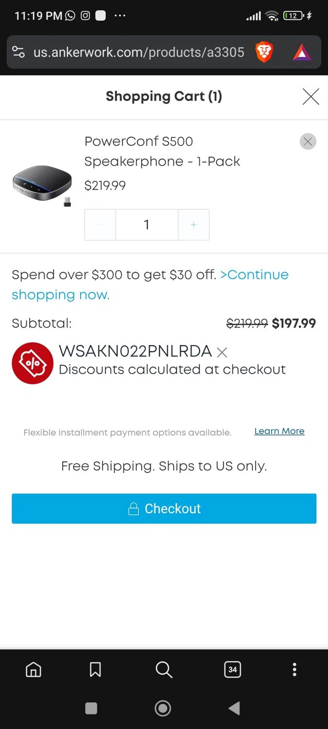 AnkerWork promo code screenshot showing code WSAKN022PNLRDA applied at AnkerWork checkout page. Uploaded by SimplyCodes community member josegarcia6 on Dec 7, 2025
