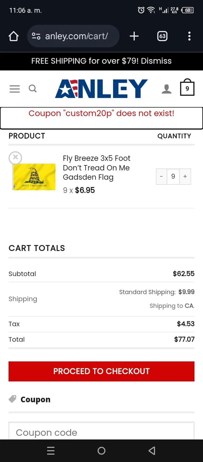 Anley coupon code screenshot showing code CUSTOM20P applied at Anley checkout page. Uploaded by SimplyCodes community member VictoriousFalcon1812 on Jan 11, 2025