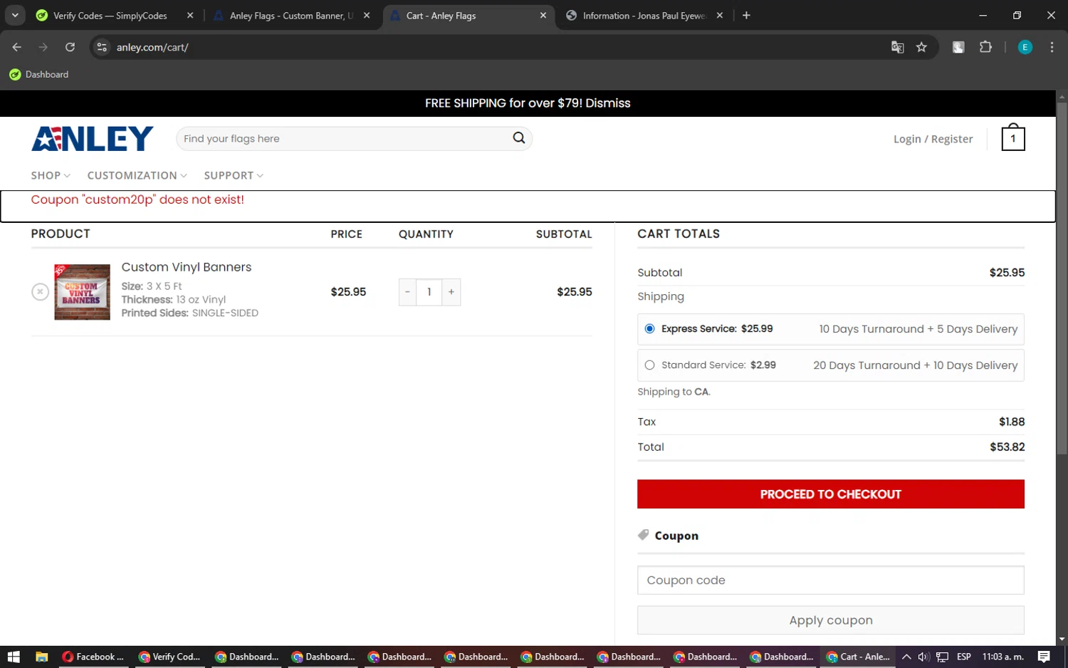 Anley coupon code screenshot showing code CUSTOM20P applied at Anley checkout page. Uploaded by SimplyCodes community member MightyFox1680 on Jan 11, 2025