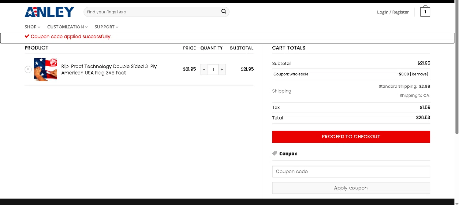 Anley coupon code screenshot showing code wholesale applied at Anley checkout page. Uploaded by SimplyCodes community member tuvalu10 on Dec 7, 2025