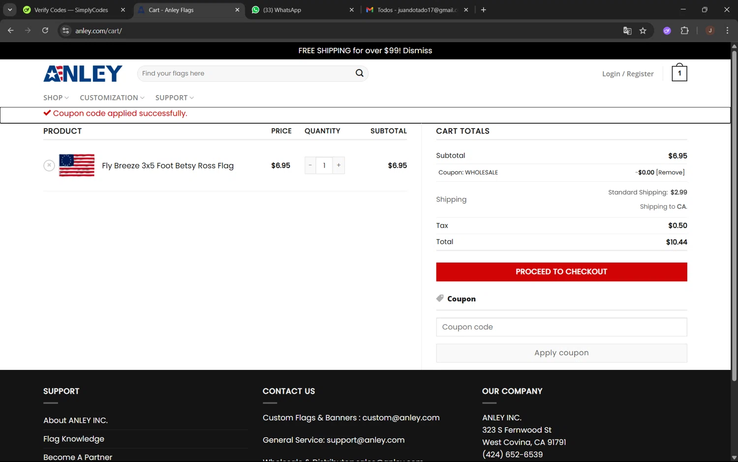 Anley coupon code screenshot showing code wholesale applied at Anley checkout page. Uploaded by SimplyCodes community member juanx1702 on Jul 6, 2025