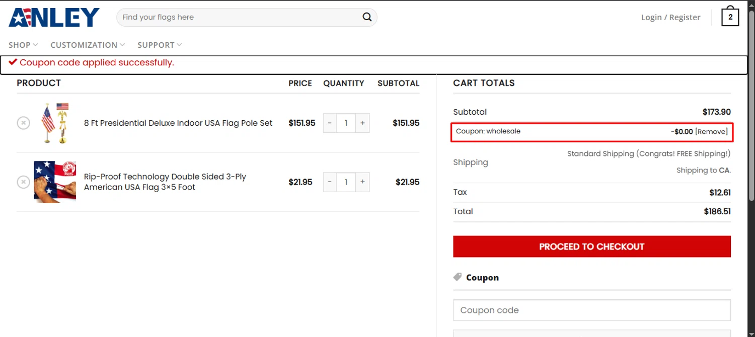Anley coupon code screenshot showing code wholesale applied at Anley checkout page. Uploaded by SimplyCodes community member noworries on Aug 6, 2025