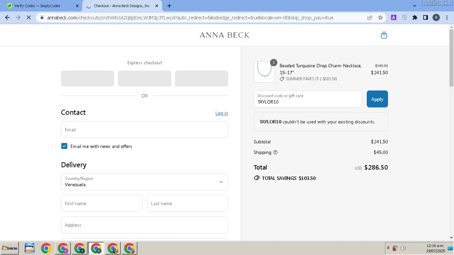 Anna Beck discount code screenshot showing code TAYLOR10 applied at Anna Beck checkout page. Uploaded by SimplyCodes community member MightyPro980 on Jul 29, 2025