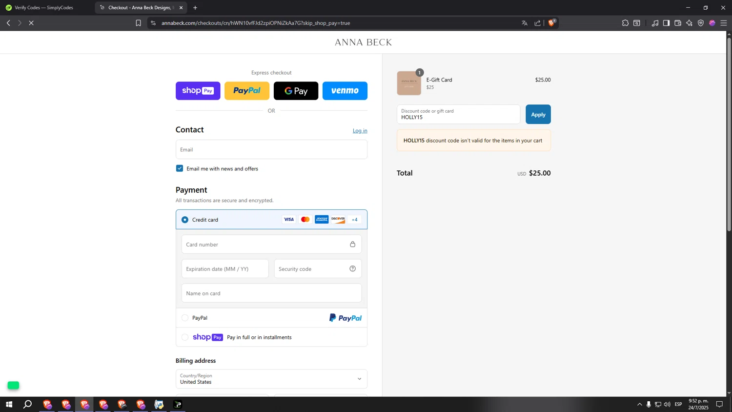 Anna Beck discount code screenshot showing code HOLLY15 applied at Anna Beck checkout page. Uploaded by SimplyCodes community member SinManosFast on Jul 25, 2025