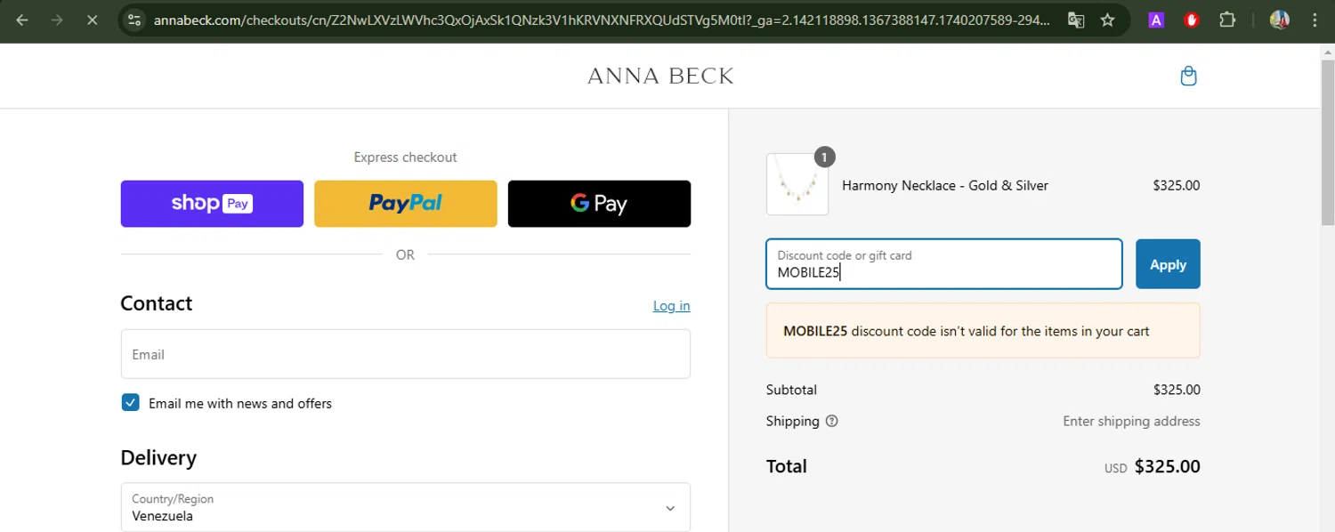 Anna Beck discount code screenshot showing code MOBILE25 applied at Anna Beck checkout page. Uploaded by SimplyCodes community member BrilliantFox7966 on Feb 22, 2025