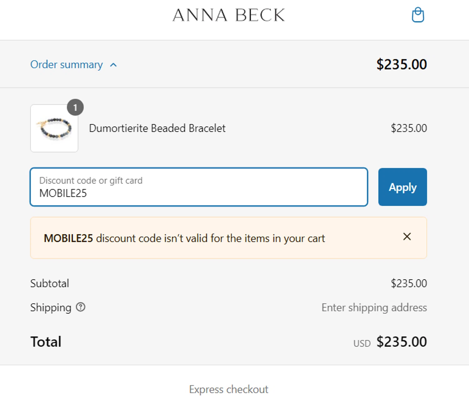 Anna Beck discount code screenshot showing code MOBILE25 applied at Anna Beck checkout page. Uploaded by SimplyCodes community member enzoonova on Dec 31, 2024