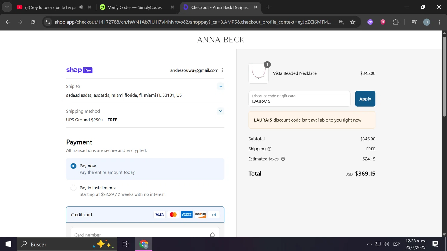 Anna Beck discount code screenshot showing code LAURA15 applied at Anna Beck checkout page. Uploaded by SimplyCodes community member Frizk_1 on Jul 29, 2025