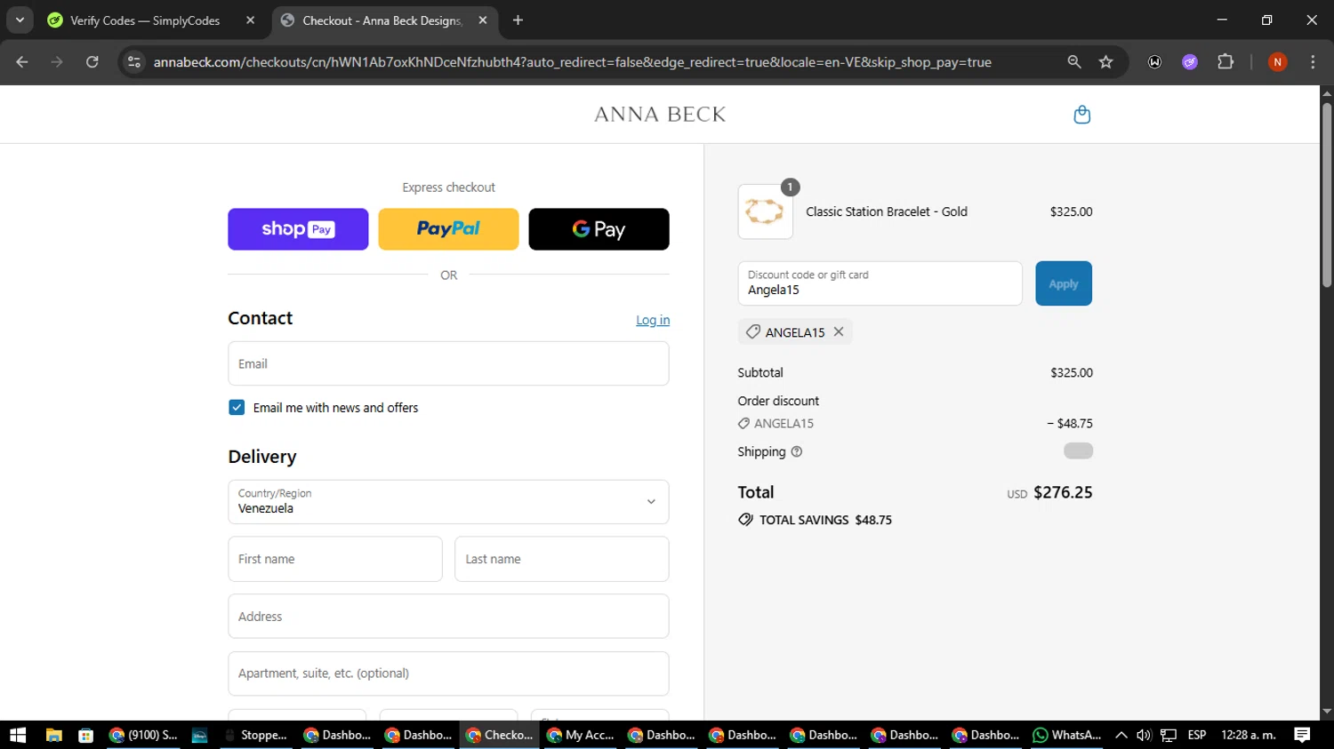 Anna Beck discount code screenshot showing code Angela15 applied at Anna Beck checkout page. Uploaded by SimplyCodes community member MagnificentScout194 on Jul 29, 2025