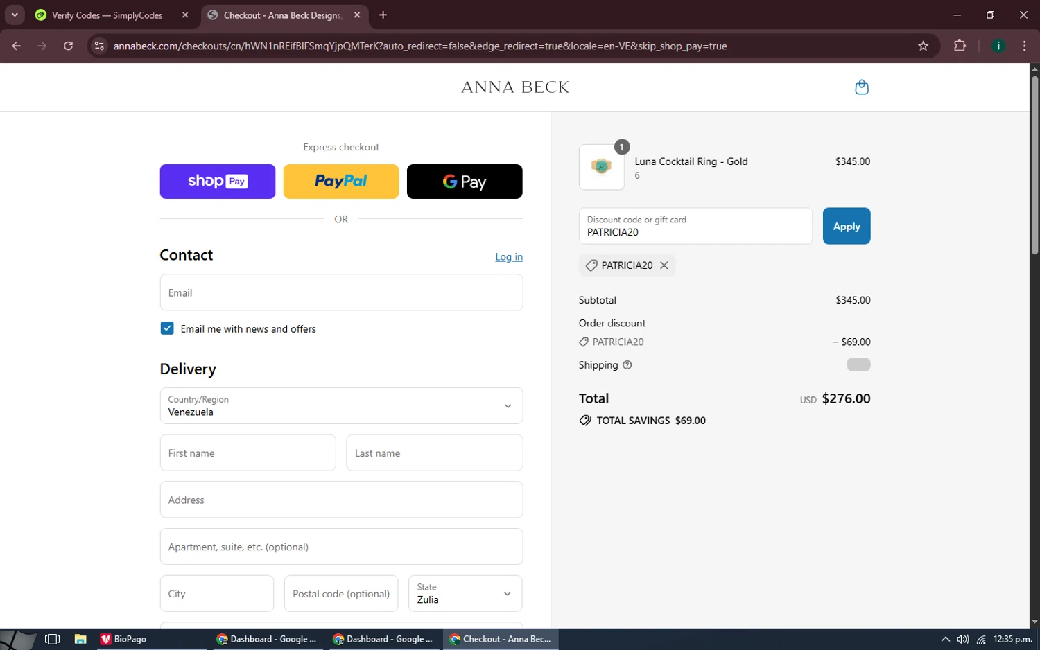 Anna Beck discount code screenshot showing code PATRICIA20 applied at Anna Beck checkout page. Uploaded by SimplyCodes community member MoneySpotter5416 on Aug 14, 2025
