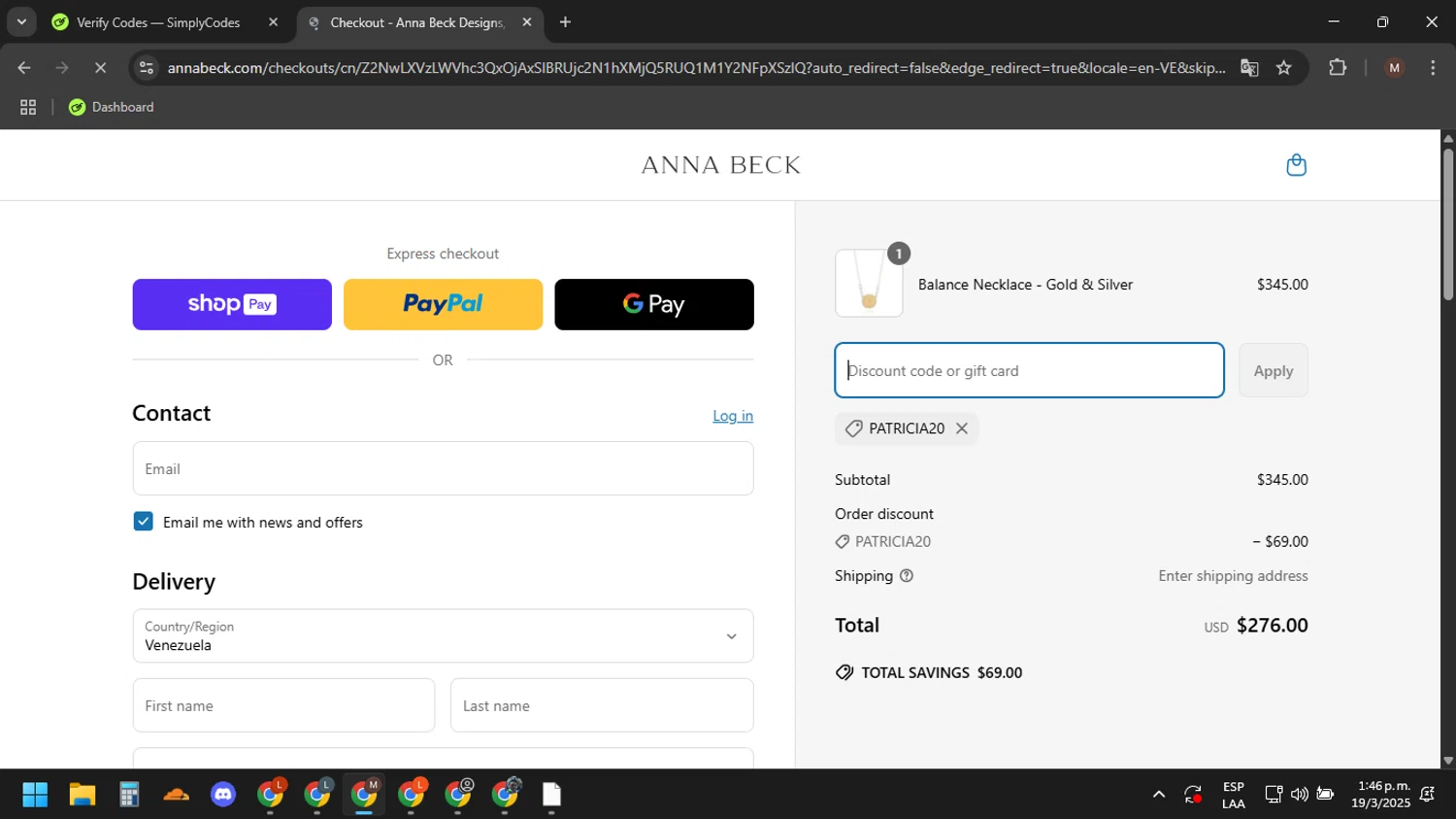 Anna Beck discount code screenshot showing code PATRICIA20 applied at Anna Beck checkout page. Uploaded by SimplyCodes community member CouponWizard2714 on Mar 19, 2025