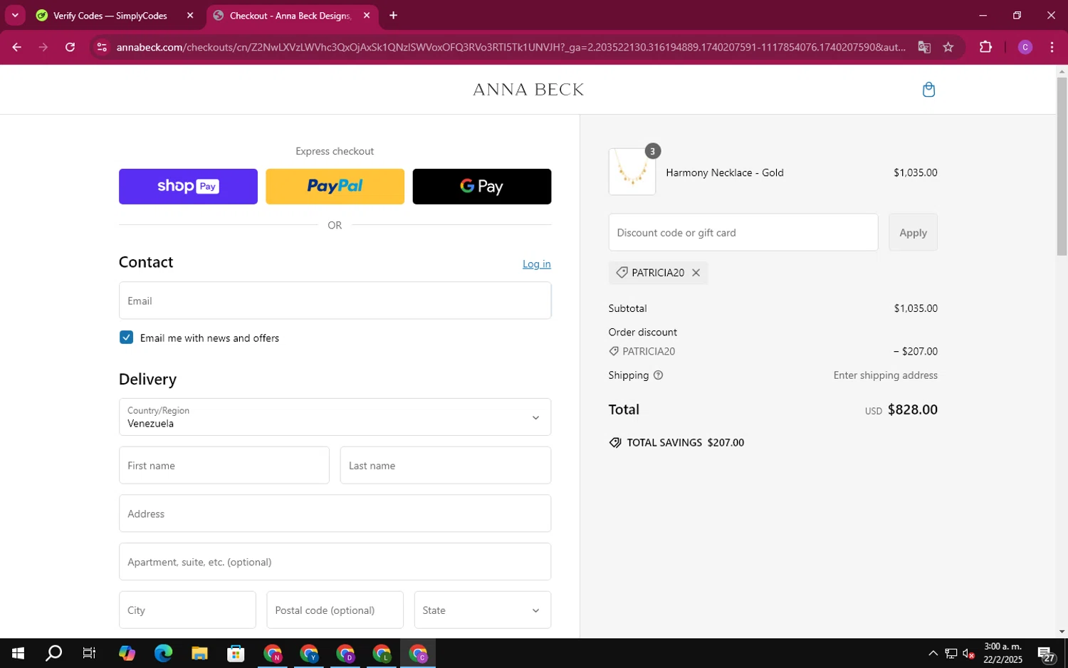Anna Beck discount code screenshot showing code PATRICIA20 applied at Anna Beck checkout page. Uploaded by SimplyCodes community member MoneyTiger3506 on Feb 22, 2025