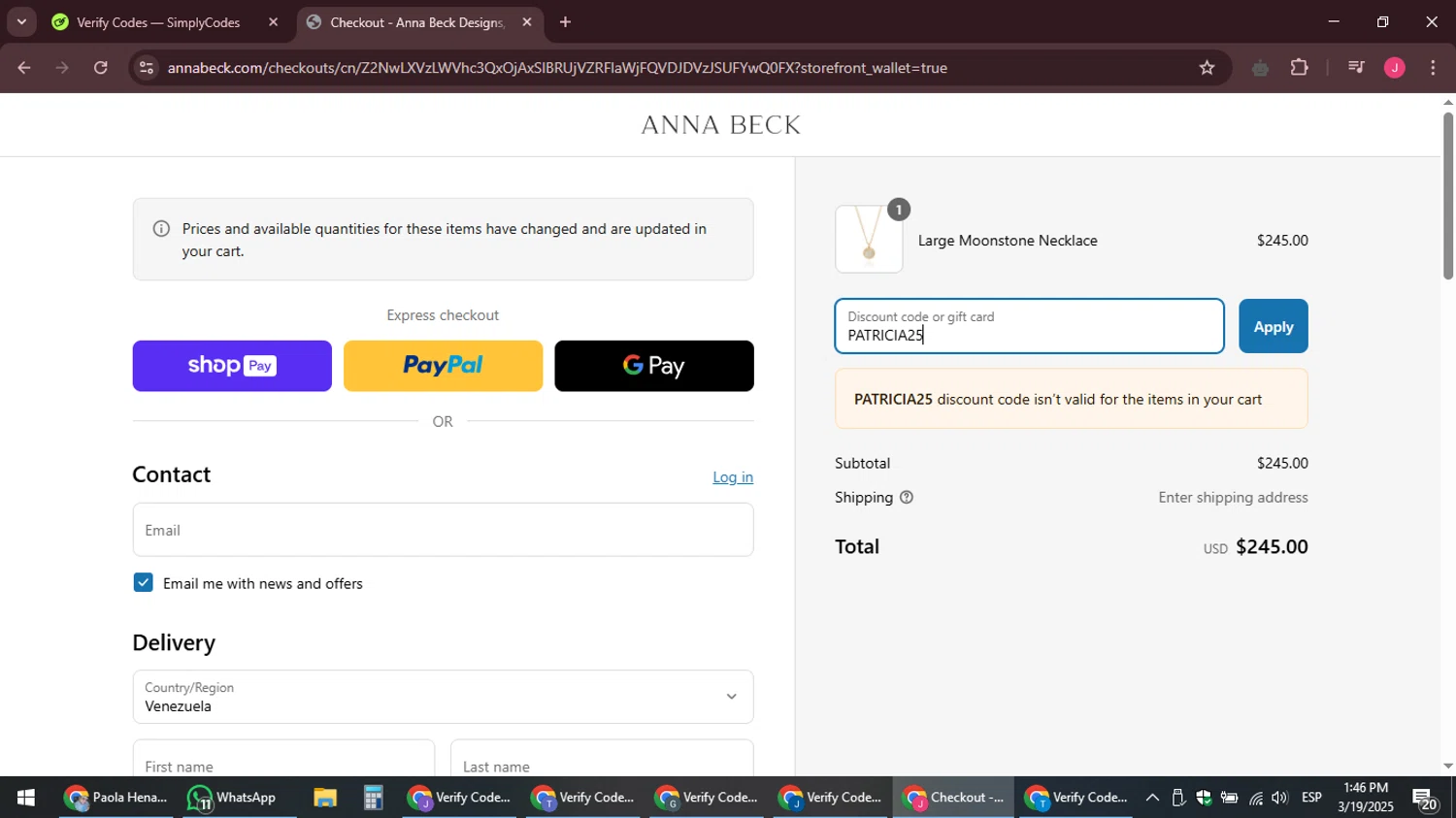 Anna Beck discount code screenshot showing code PATRICIA25 applied at Anna Beck checkout page. Uploaded by SimplyCodes community member JackWilson63 on Mar 19, 2025