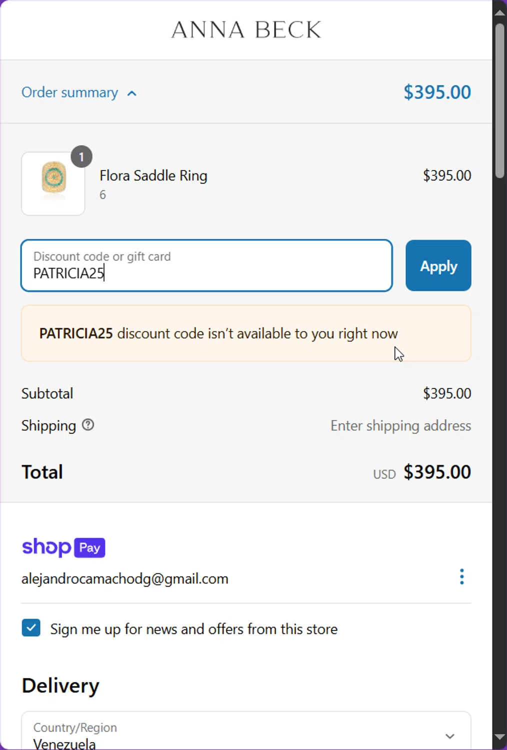 Anna Beck discount code screenshot showing code PATRICIA25 applied at Anna Beck checkout page. Uploaded by SimplyCodes community member Lamine_Yamal on Apr 22, 2025
