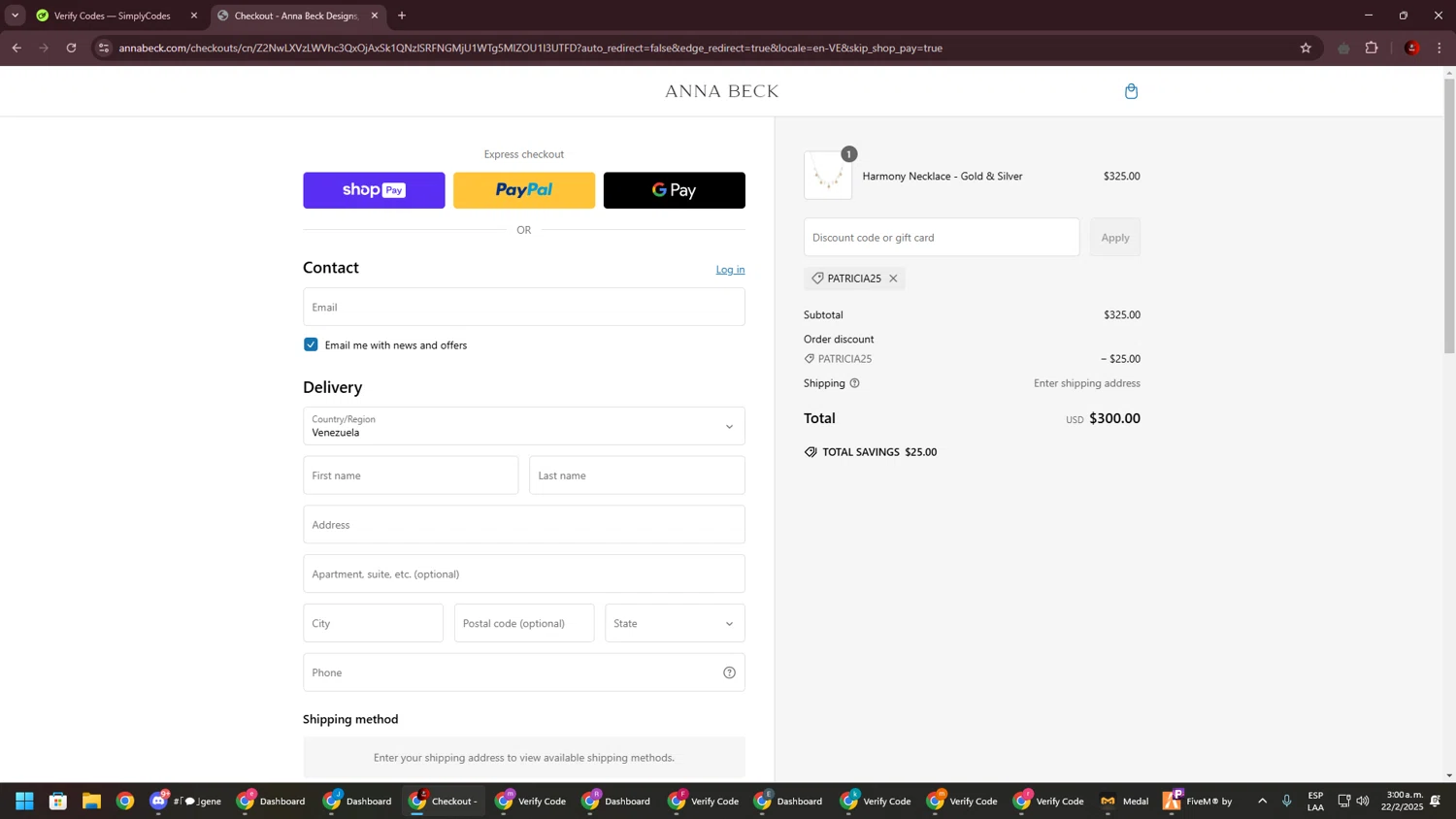 Anna Beck discount code screenshot showing code PATRICIA25 applied at Anna Beck checkout page. Uploaded by SimplyCodes community member BrilliantSaver7516 on Feb 22, 2025