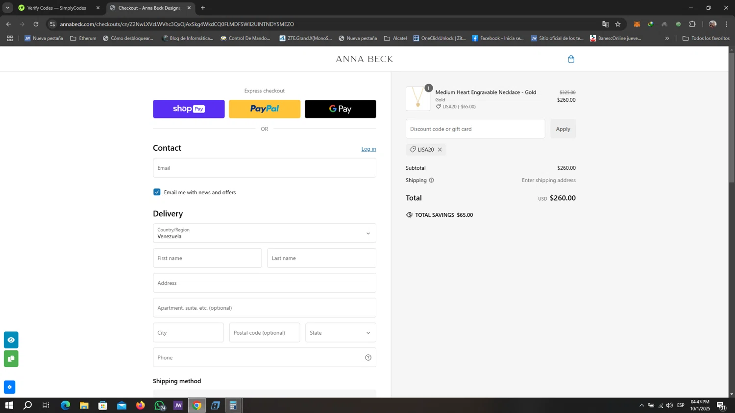 Anna Beck discount code screenshot showing code LISA20 applied at Anna Beck checkout page. Uploaded by SimplyCodes community member Ebsfer on Jan 10, 2025