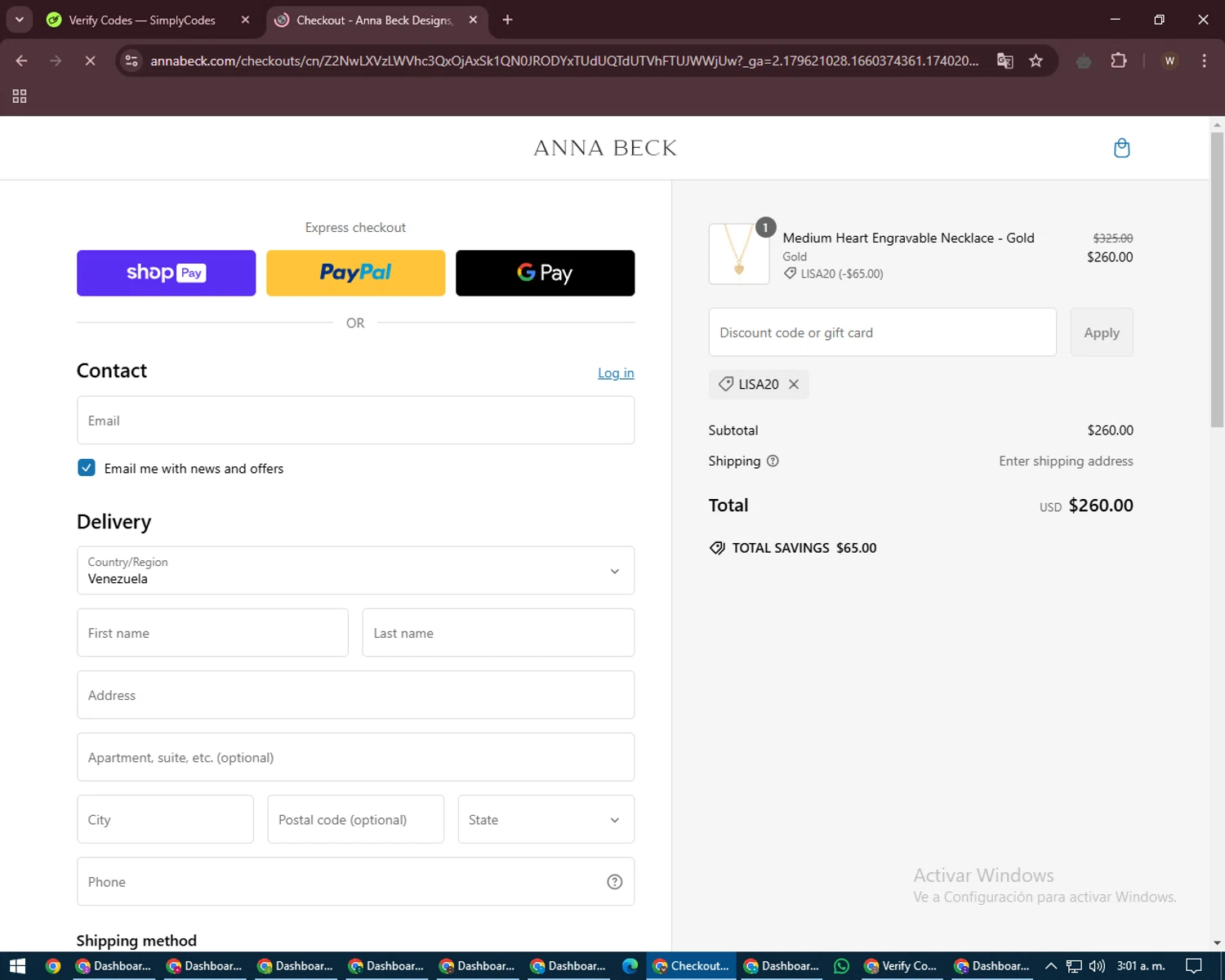Anna Beck discount code screenshot showing code LISA20 applied at Anna Beck checkout page. Uploaded by SimplyCodes community member DealMaestro2101 on Feb 22, 2025