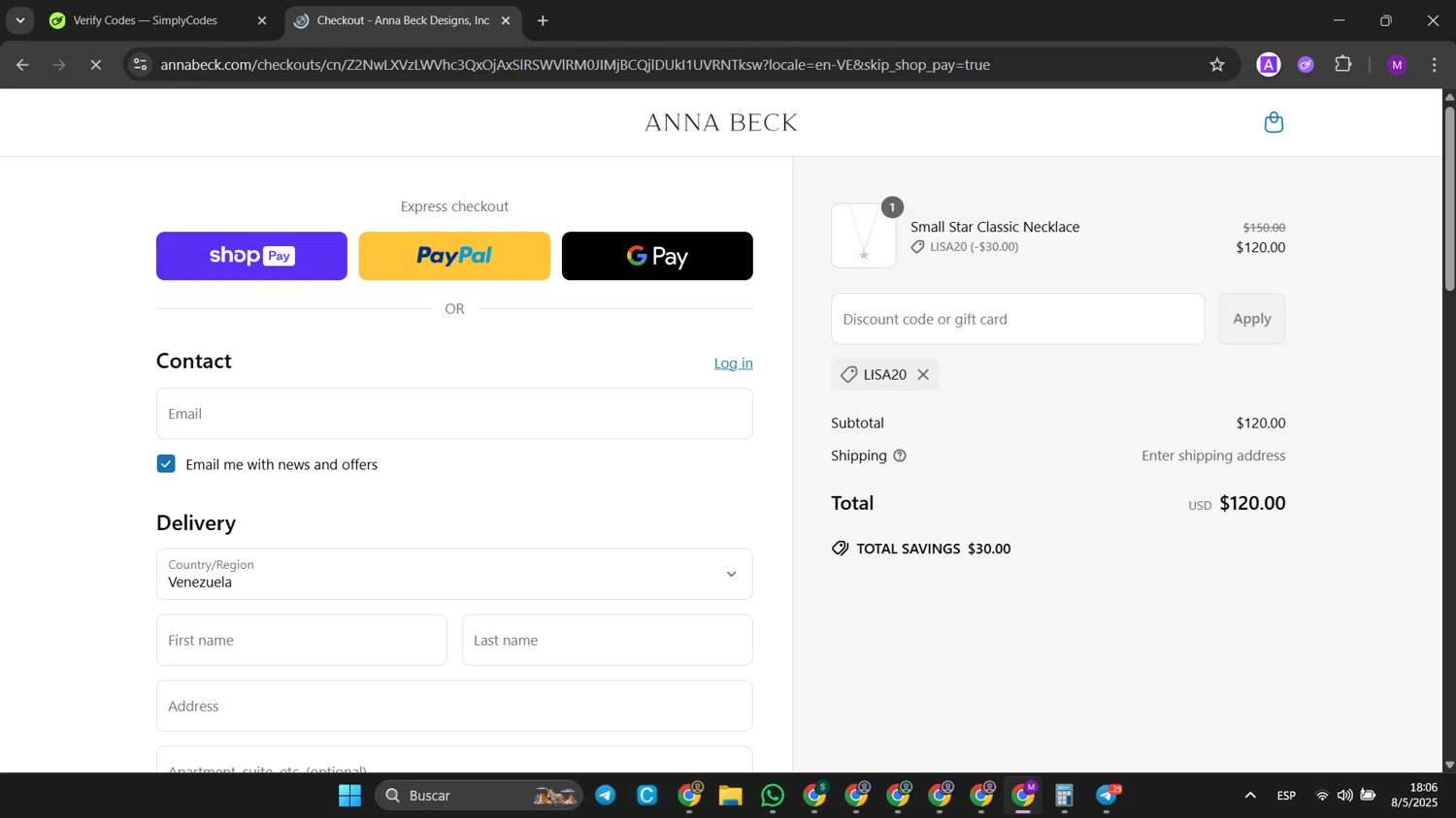 Anna Beck discount code screenshot showing code LISA20 applied at Anna Beck checkout page. Uploaded by SimplyCodes community member jinwoo on May 8, 2025