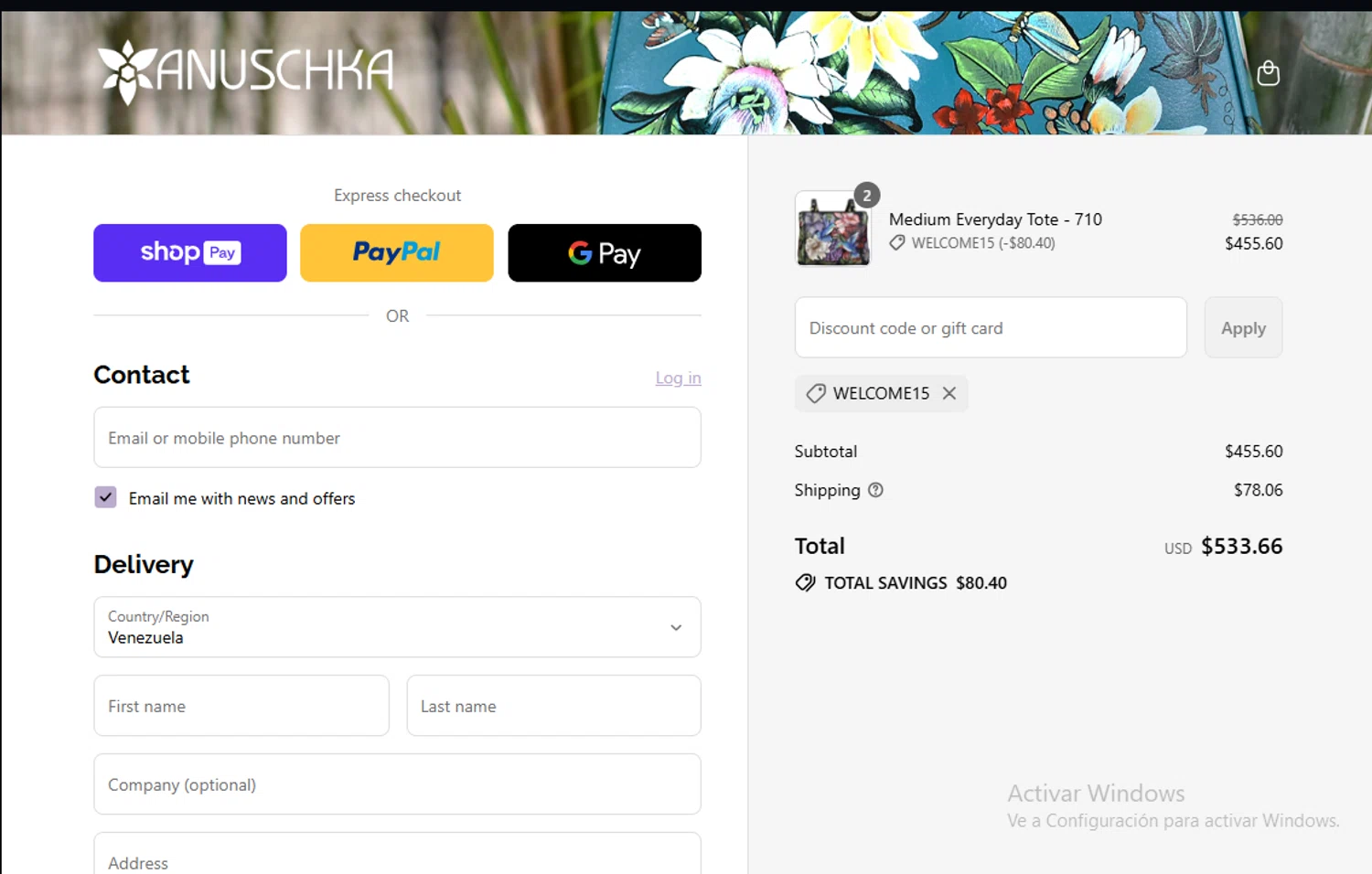 Anuschka discount code screenshot showing code WELCOME15 applied at Anuschka checkout page. Uploaded by SimplyCodes community member Lestara_23 on Jul 19, 2025