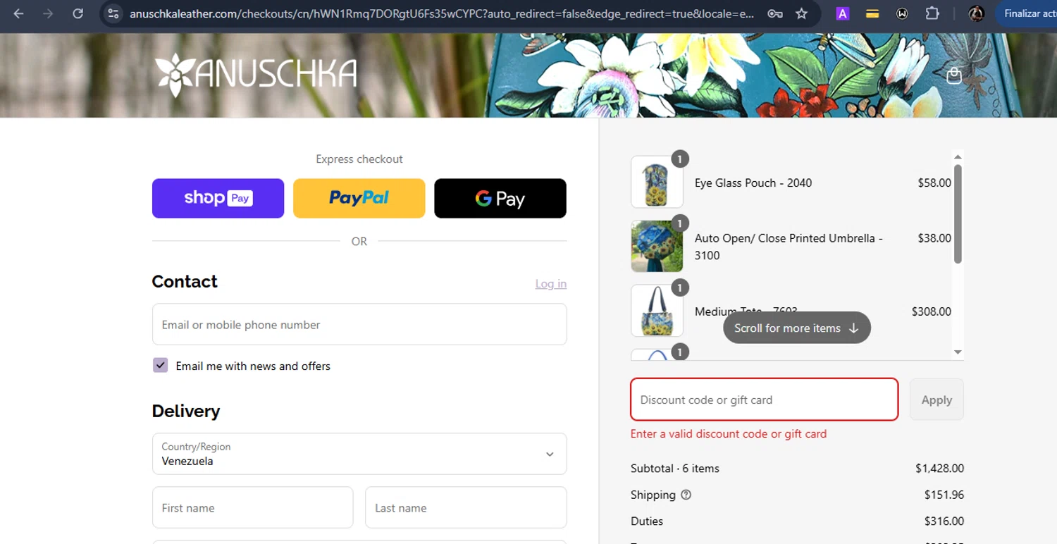 Anuschka discount code screenshot showing code FREEGIFT applied at Anuschka checkout page. Uploaded by SimplyCodes community member Eduard on Aug 5, 2025