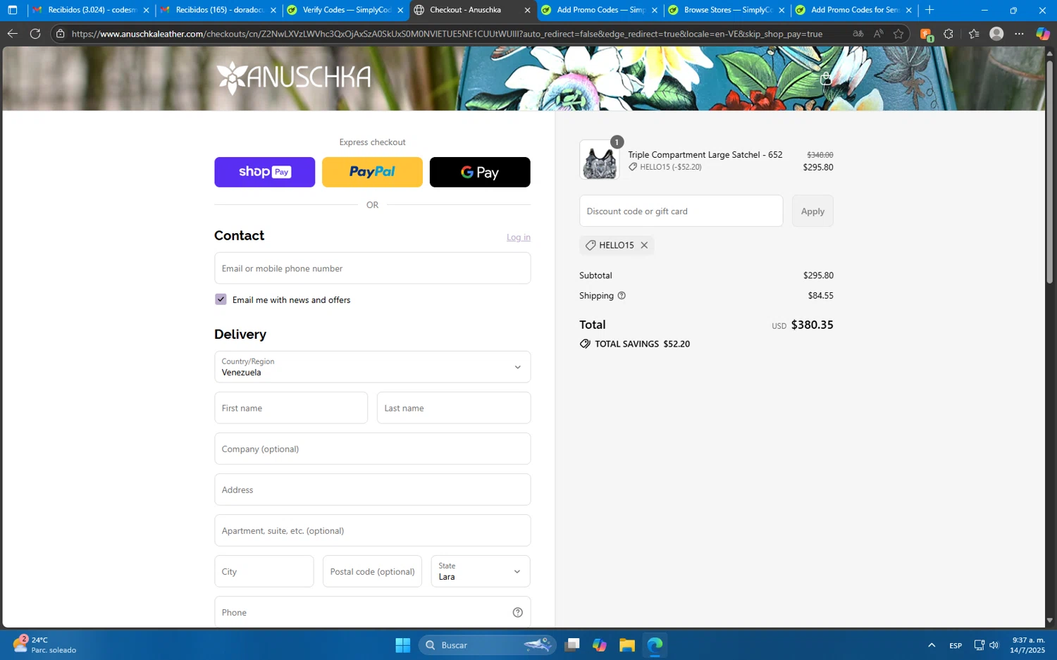 Anuschka discount code screenshot showing code HELLO15 applied at Anuschka checkout page. Uploaded by SimplyCodes community member Mdeoca on Jul 14, 2025