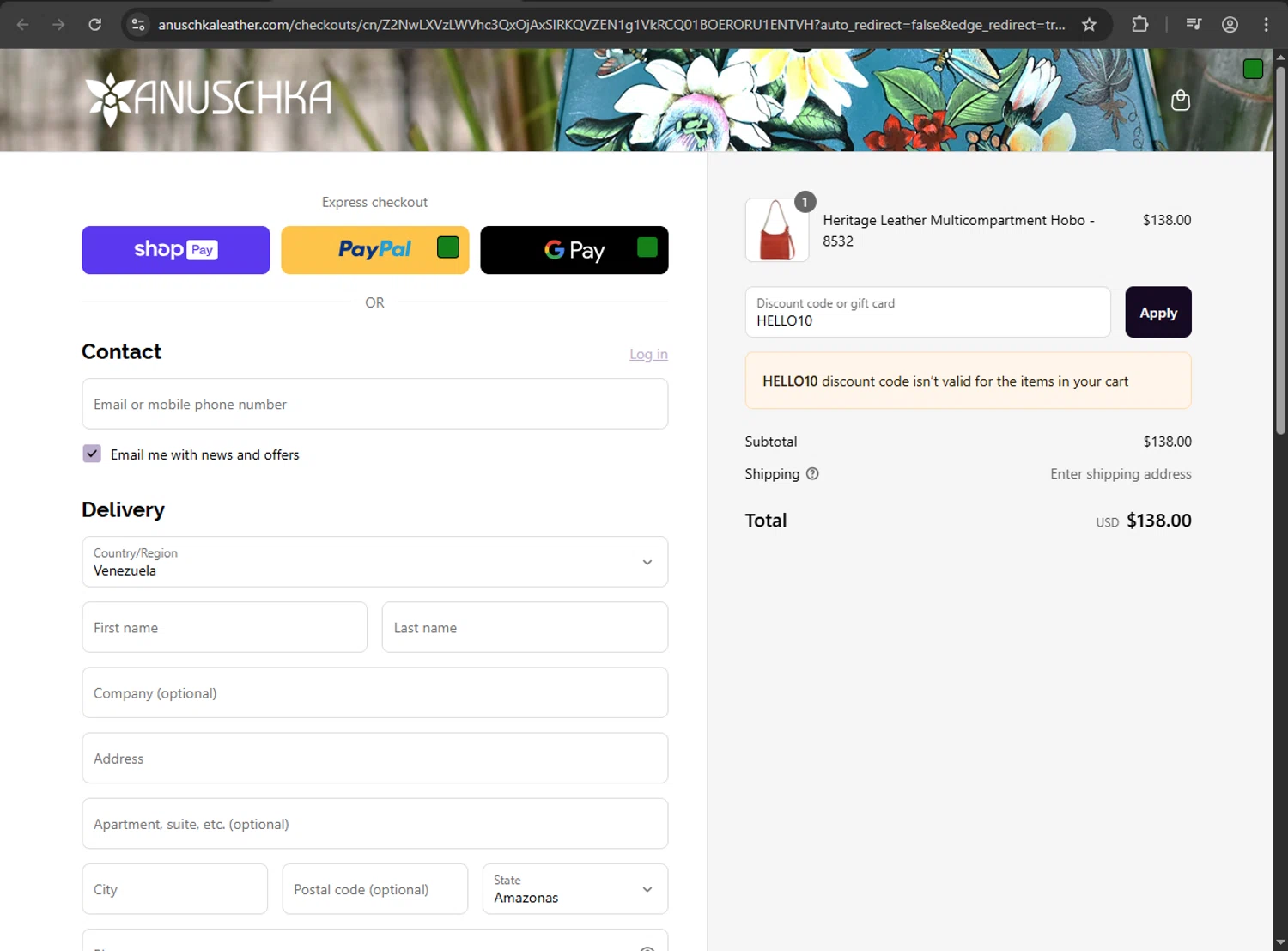 Anuschka discount code screenshot showing code HELLO10 applied at Anuschka checkout page. Uploaded by SimplyCodes community member MAHORAGA on May 6, 2025