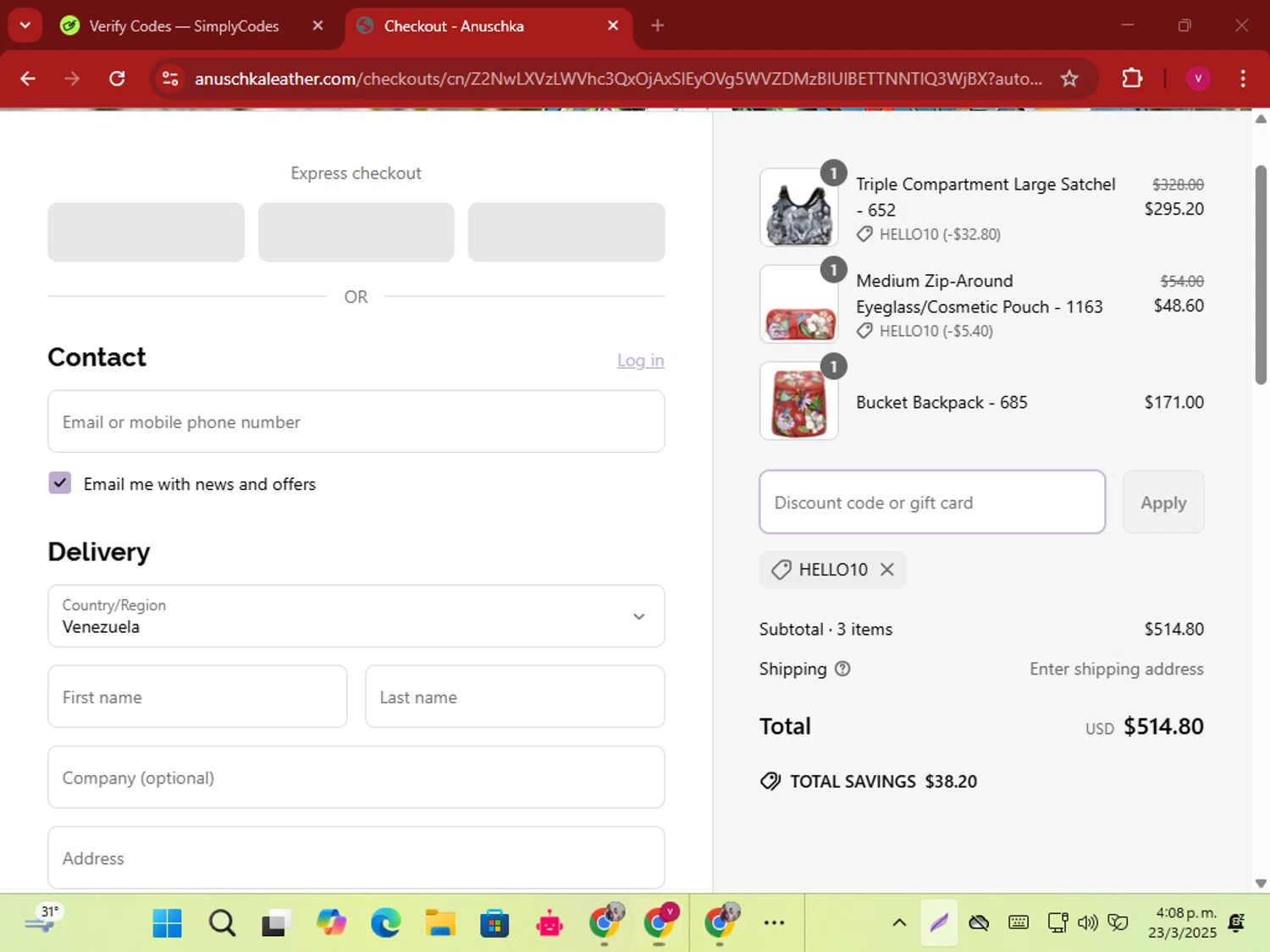 Anuschka discount code screenshot showing code HELLO10 applied at Anuschka checkout page. Uploaded by SimplyCodes community member karoline on Mar 23, 2025