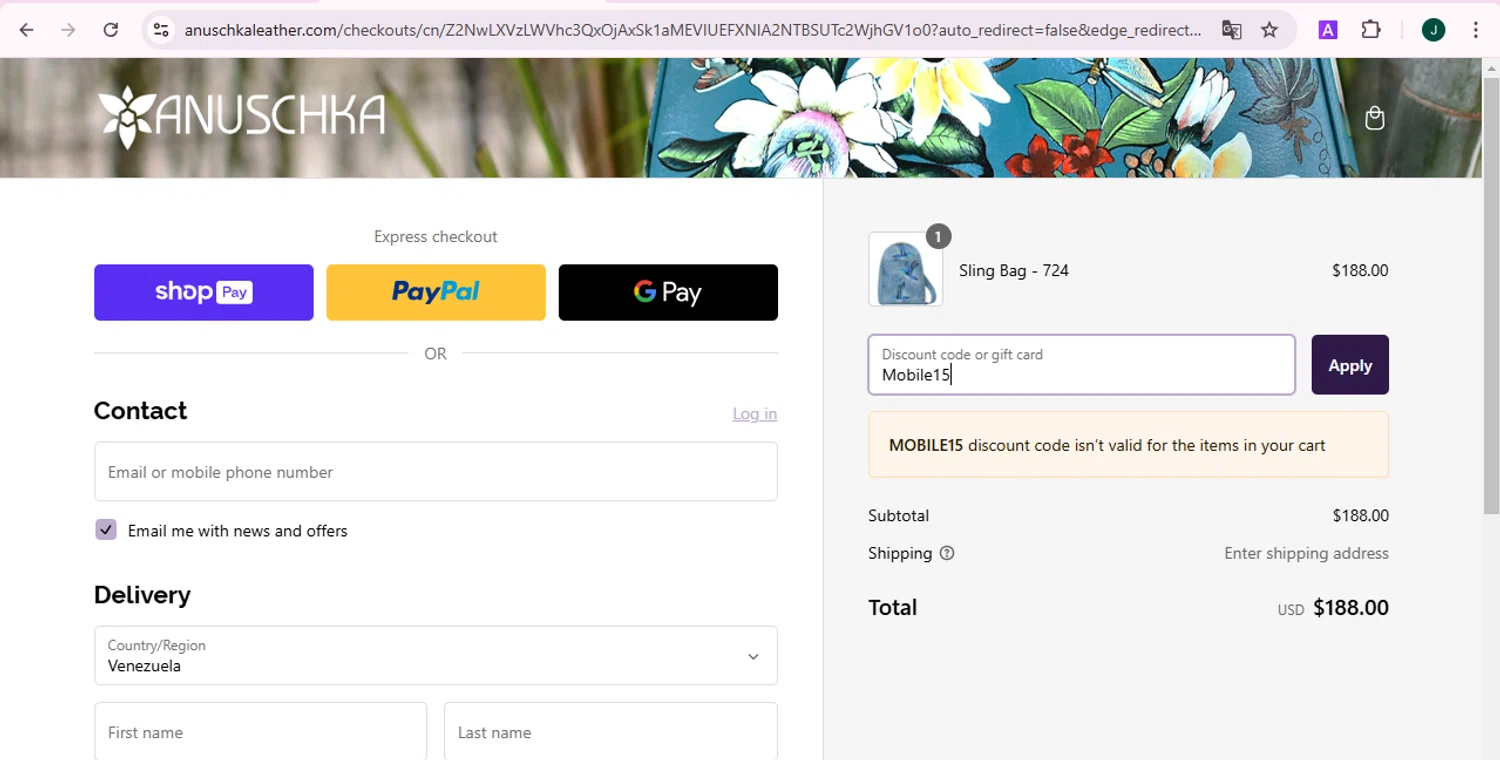 Anuschka discount code screenshot showing code Mobile15 applied at Anuschka checkout page. Uploaded by SimplyCodes community member ShieldCaptain7812 on Feb 25, 2025