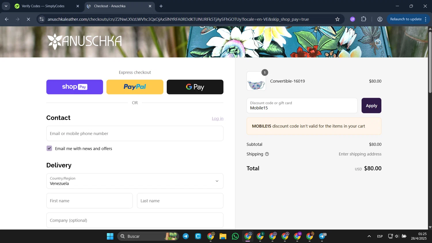 Anuschka discount code screenshot showing code Mobile15 applied at Anuschka checkout page. Uploaded by SimplyCodes community member CleverFalcon6244 on Apr 28, 2025