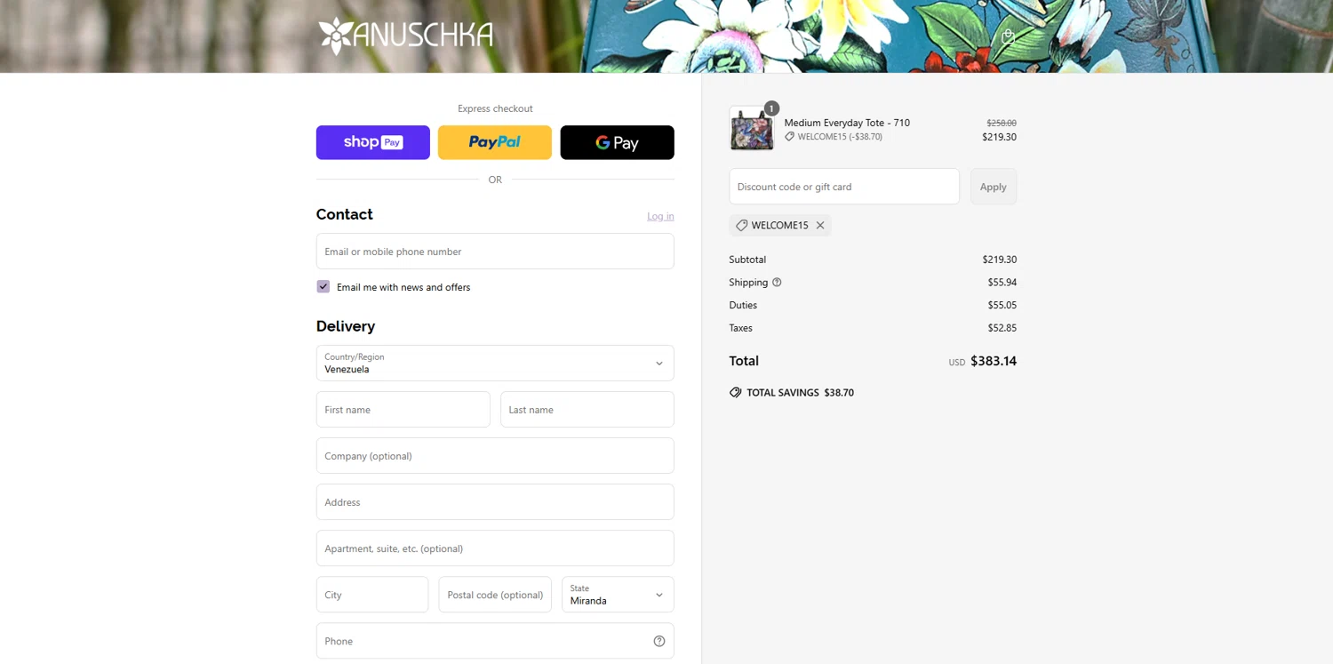 Anuschka discount code screenshot showing code WELCOME15 applied at Anuschka checkout page. Uploaded by SimplyCodes community member Dorothy on Jun 29, 2025