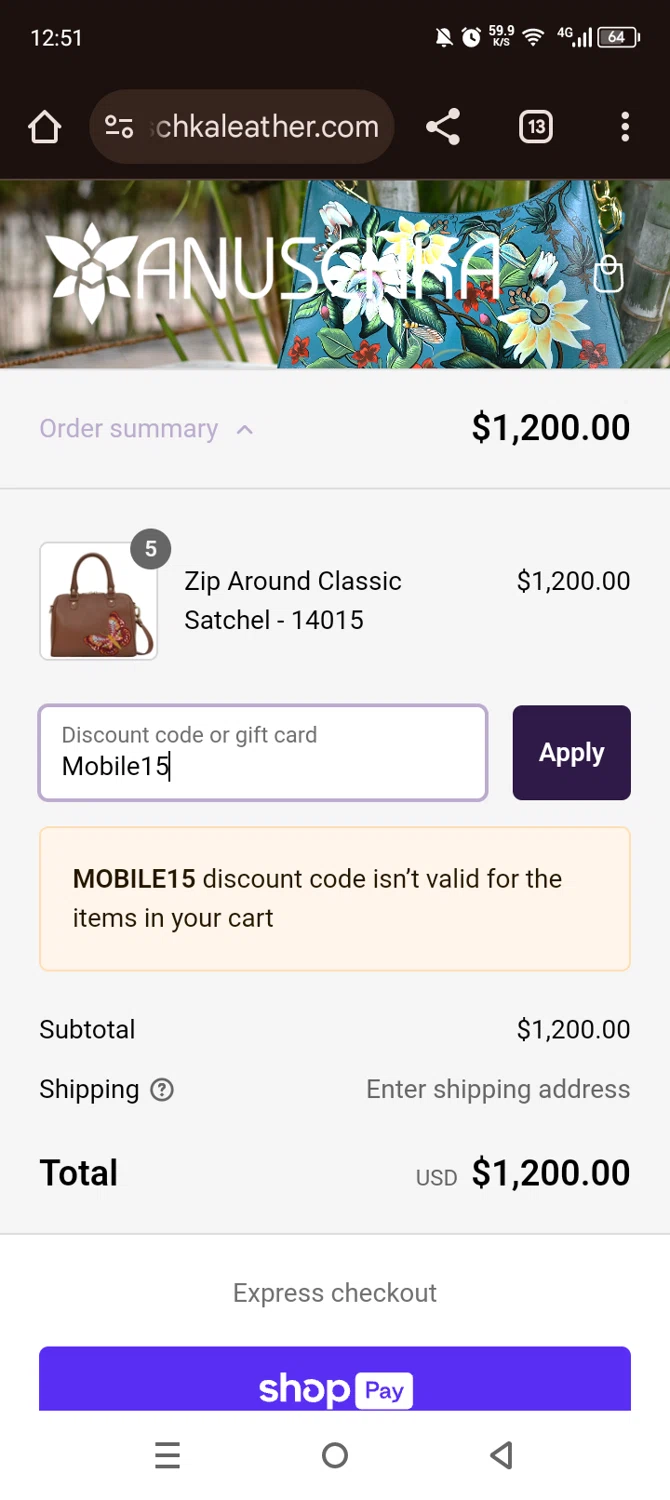 Anuschka discount code screenshot showing code Mobile15 applied at Anuschka checkout page. Uploaded by SimplyCodes community member Olivatle on Feb 25, 2025