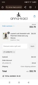 LOVELY15 coupon verification screenshot