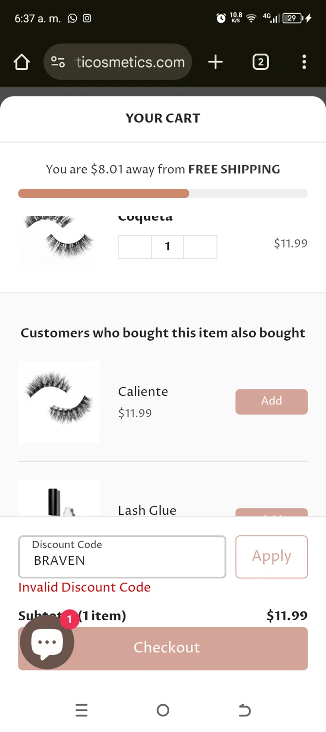 Anna Marti Cosmetics promo code screenshot showing code BRAVEN applied at Anna Marti Cosmetics checkout page. Uploaded by SimplyCodes community member TokenAce5969 on Jan 11, 2026