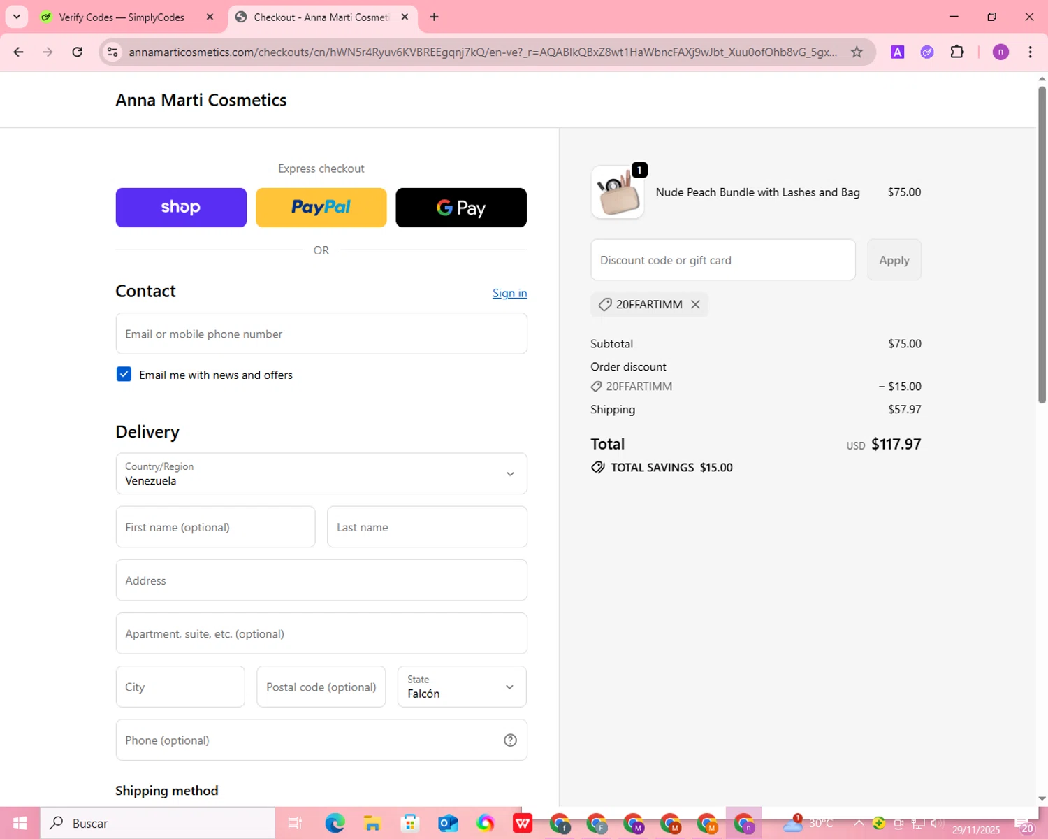 Anna Marti Cosmetics promo code screenshot showing code 20ffartimm applied at Anna Marti Cosmetics checkout page. Uploaded by SimplyCodes community member PromoWizard9762 on Nov 29, 2025