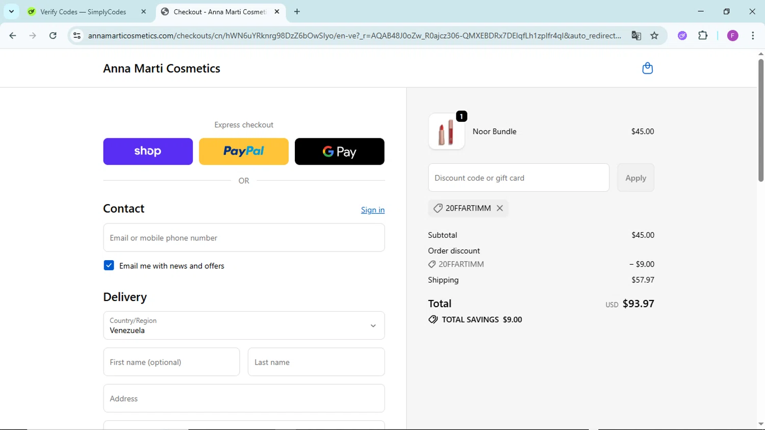 Anna Marti Cosmetics promo code screenshot showing code 20ffartimm applied at Anna Marti Cosmetics checkout page. Uploaded by SimplyCodes community member ShieldTitan6985 on Dec 27, 2025